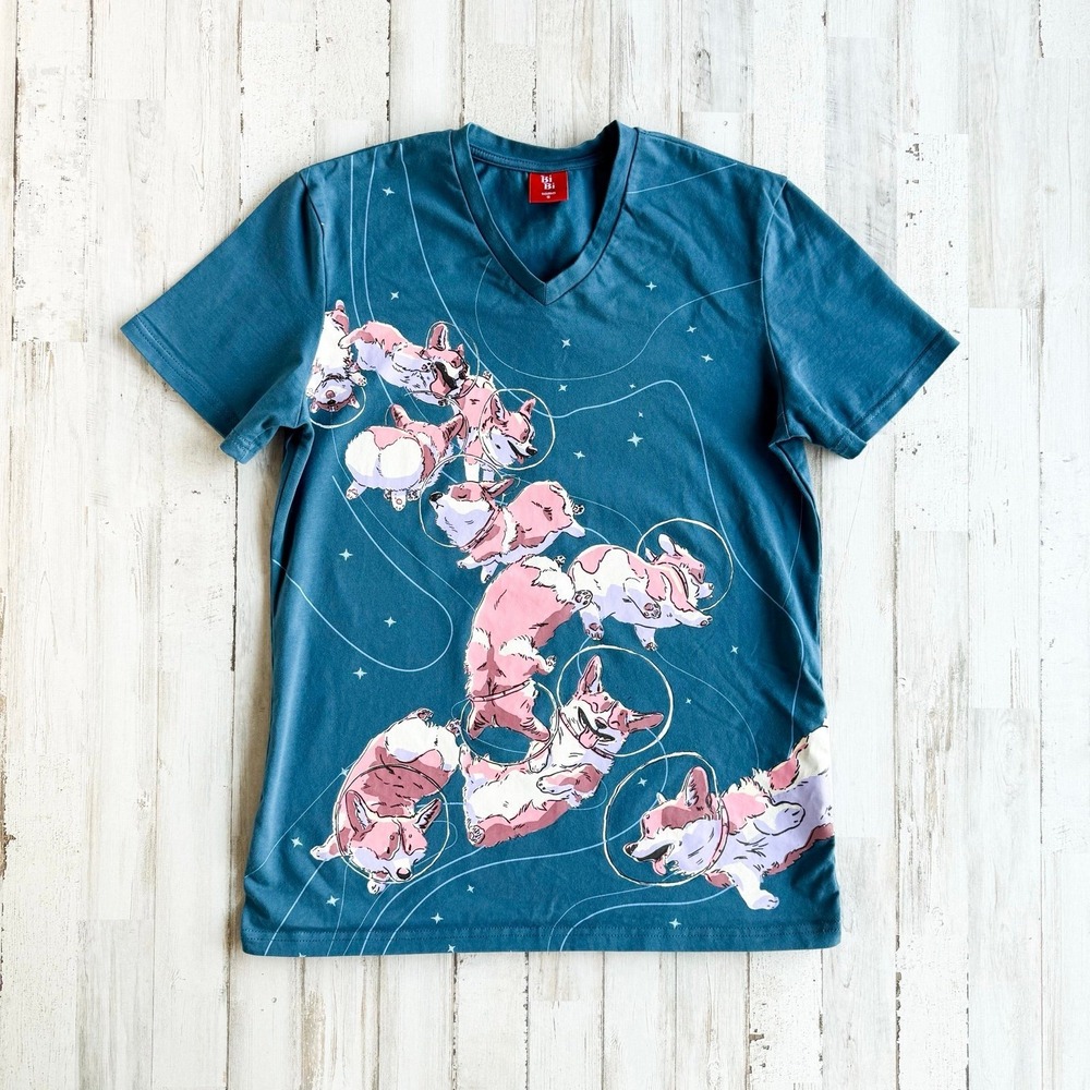 Bibisama Corgi Space Print Tee Blue Cute Graphic T-Shirt Dog Cat Women's S